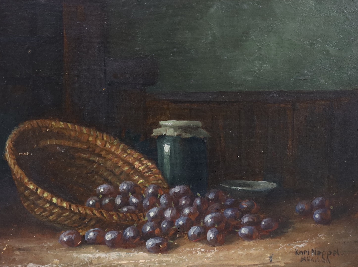 Karl Neppel (German, 1883-1961), oil on board, Still life of grapes on a table top, signed, 13 x 17.5cm
